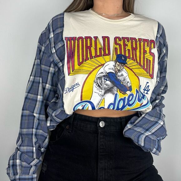 Reworked Upcycled Long Sleeve Plaid Blue World Series Dodgers Baseball Shirt - Picture 2 of 3